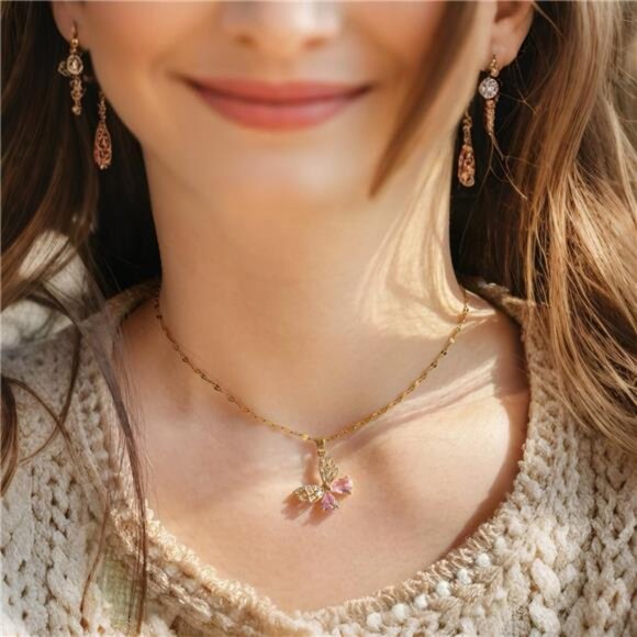 Gold Butterfly Necklace Dainty Cubic Zirconia Pendant 18K Layered Jewelry Gift - Picture 2 of 7